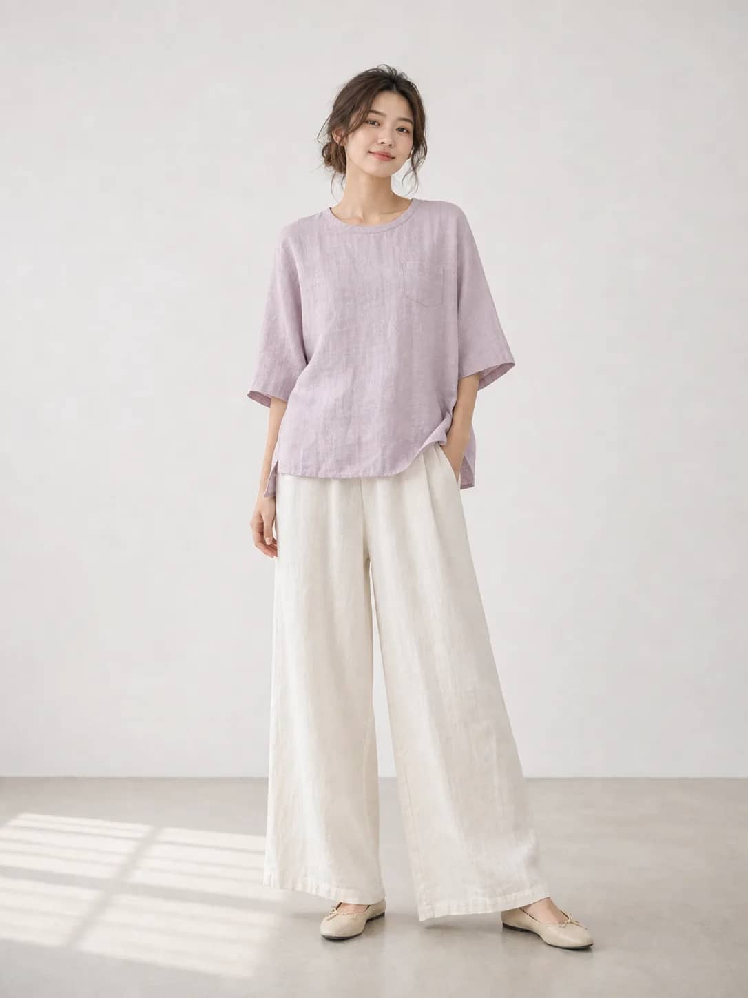 麻面料素粉紫上衣 model look 1