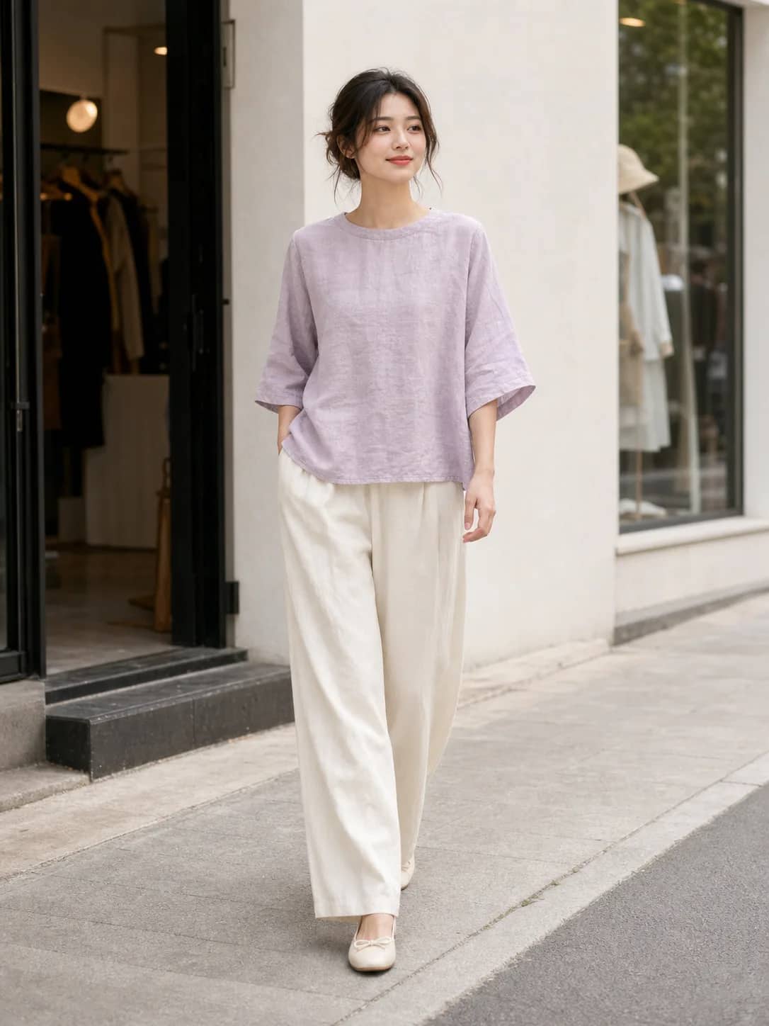 麻面料素粉紫上衣 model look 3