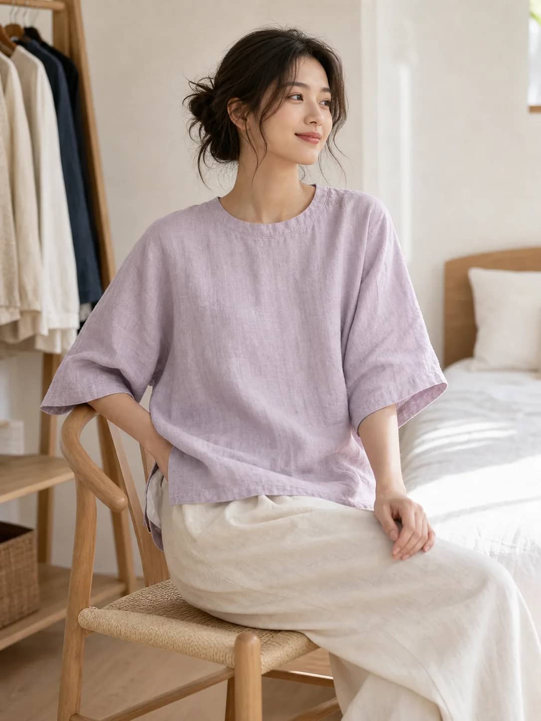 麻面料素粉紫上衣 model look 4