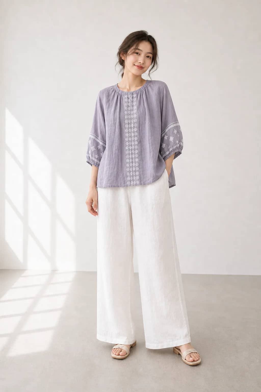 霧紫刺繡排釦七分袖上衣 model look 4
