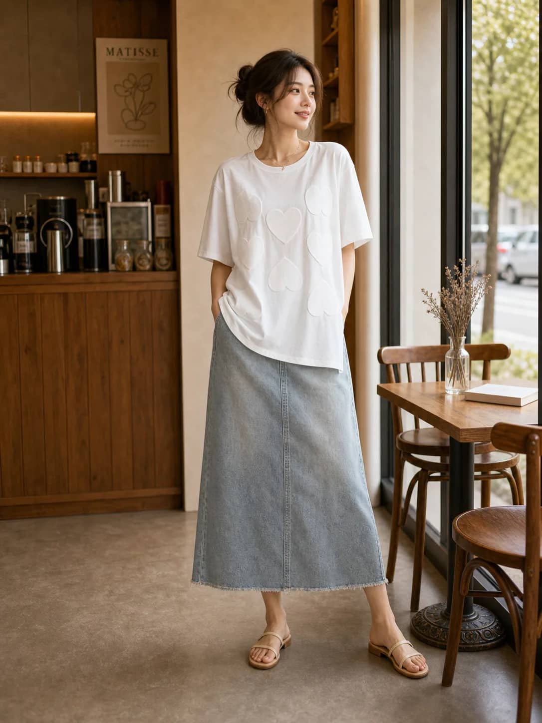 純白愛心長T恤 model look 2