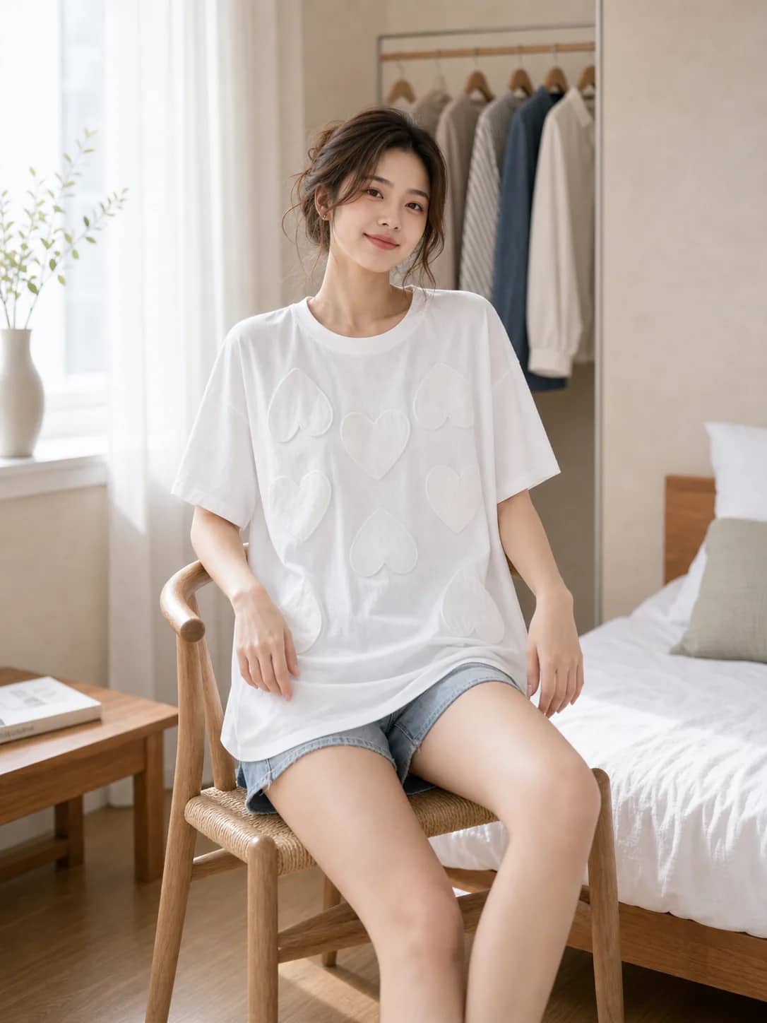 純白愛心長T恤 model look 4