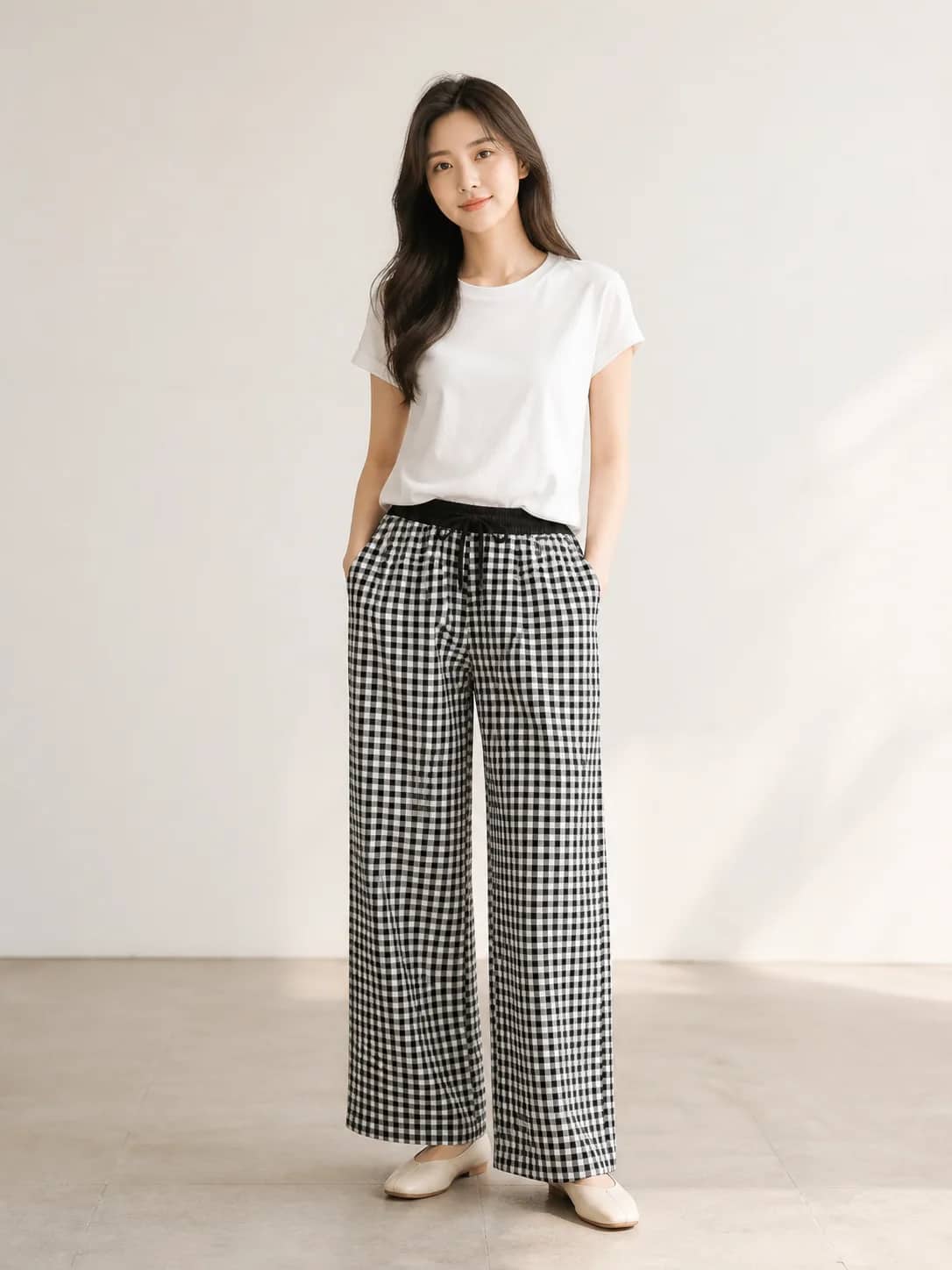 黑白格紋寬版休閒下著 model look 1