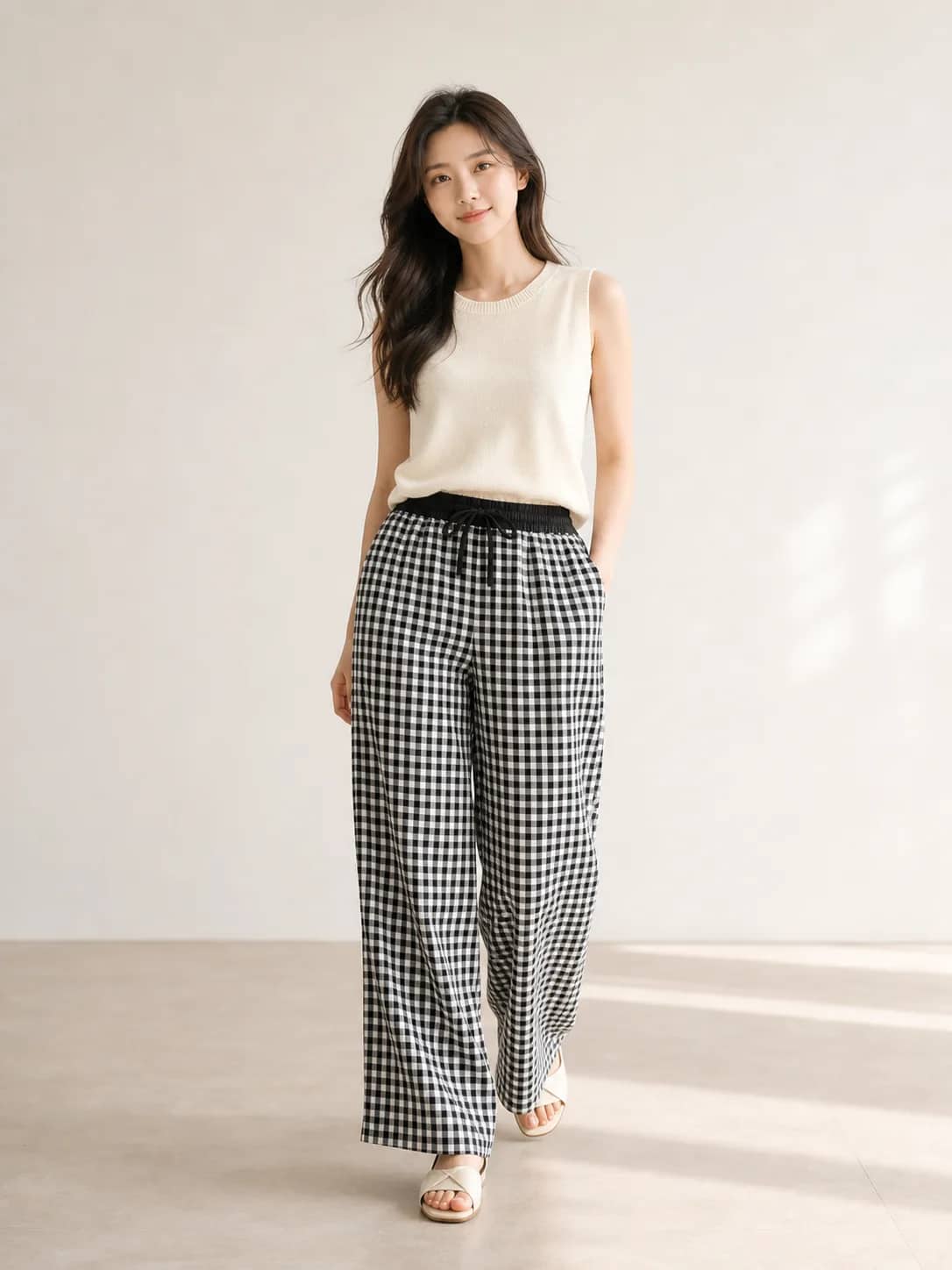 黑白格紋寬版休閒下著 model look 2