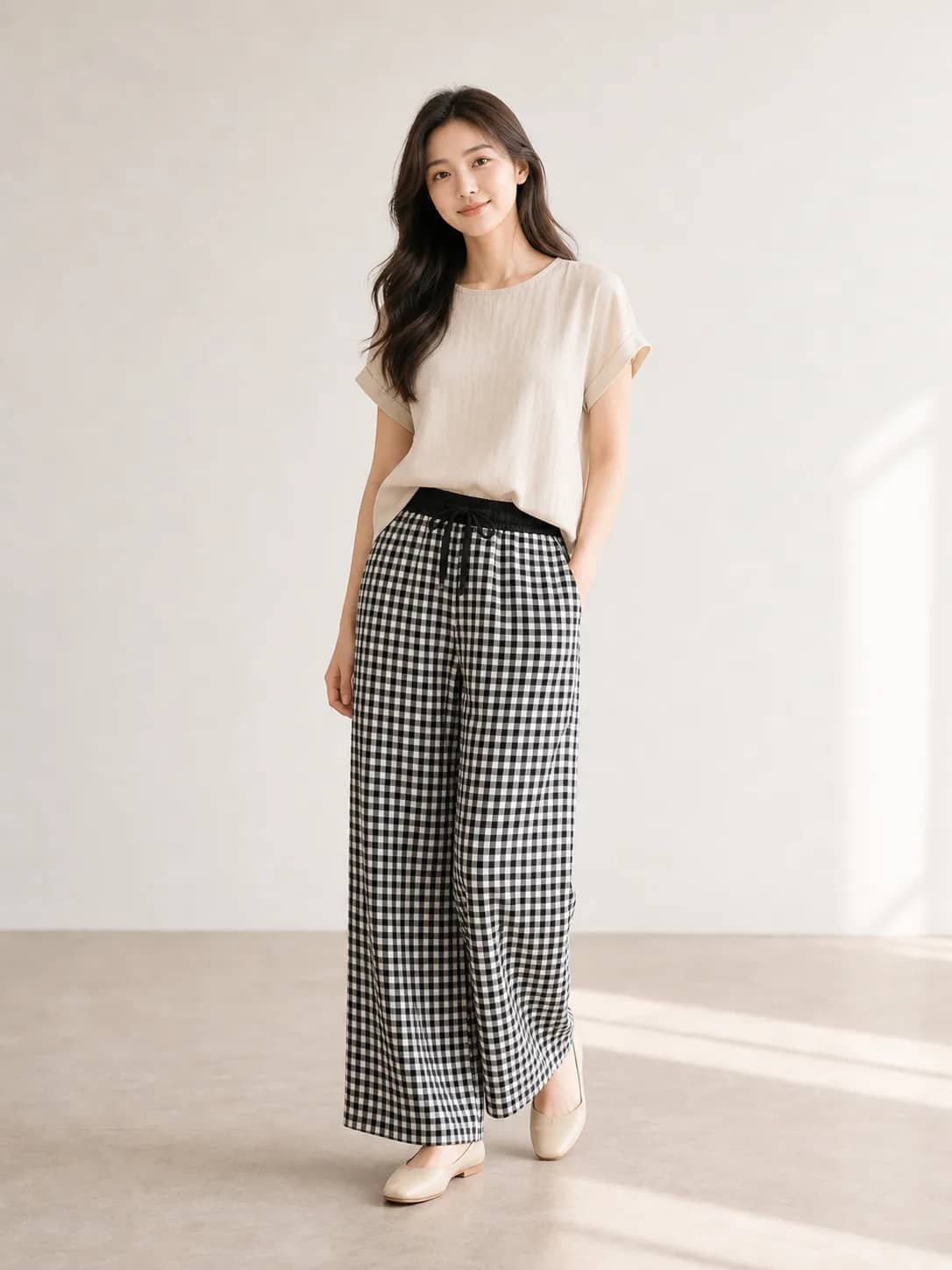 黑白格紋寬版休閒下著 model look 3