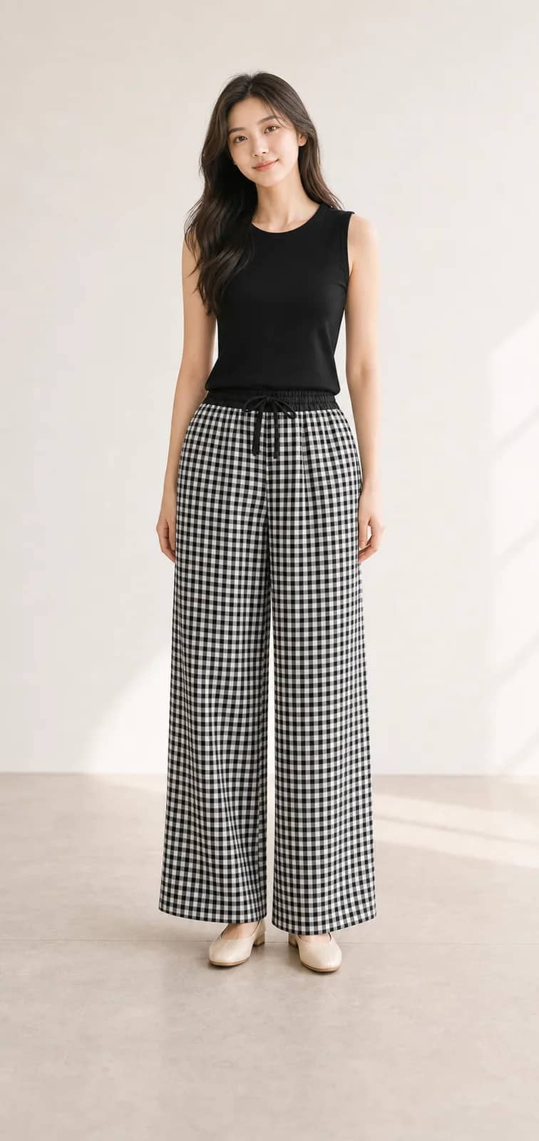黑白格紋寬版休閒下著 model look 4