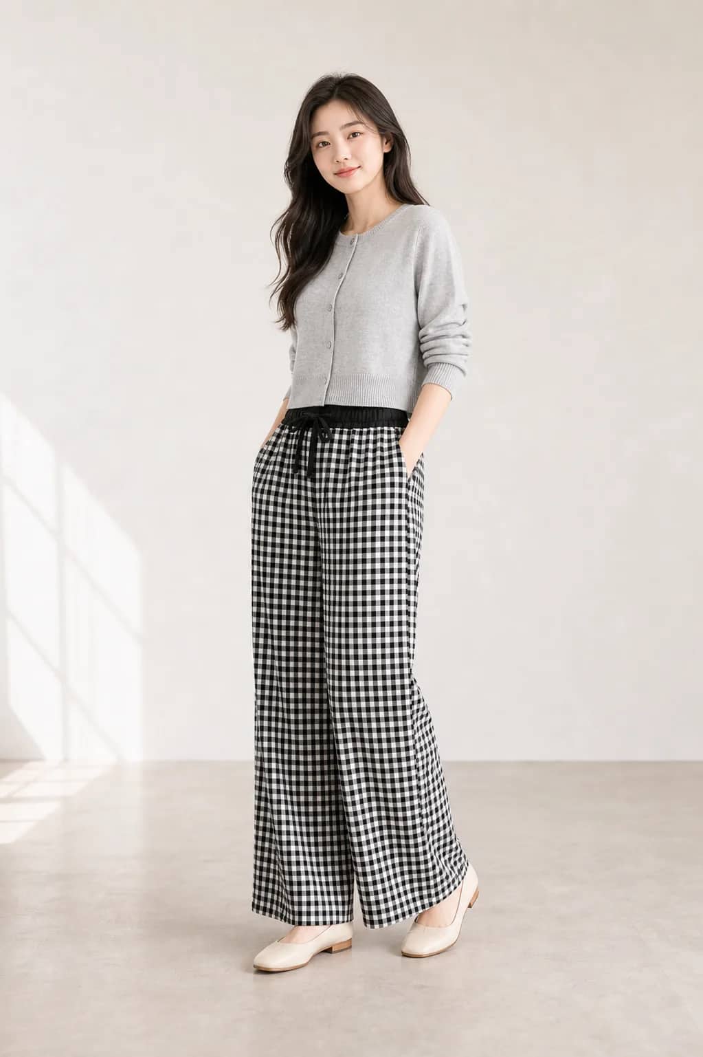 黑白格紋寬版休閒下著 model look 5