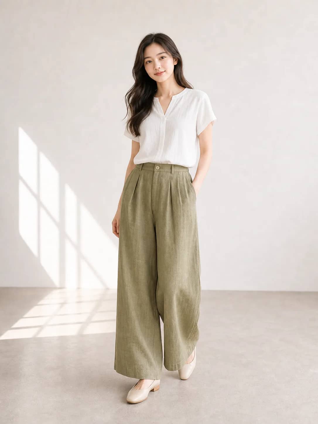 橄欖綠質感直筒下著 model look 2
