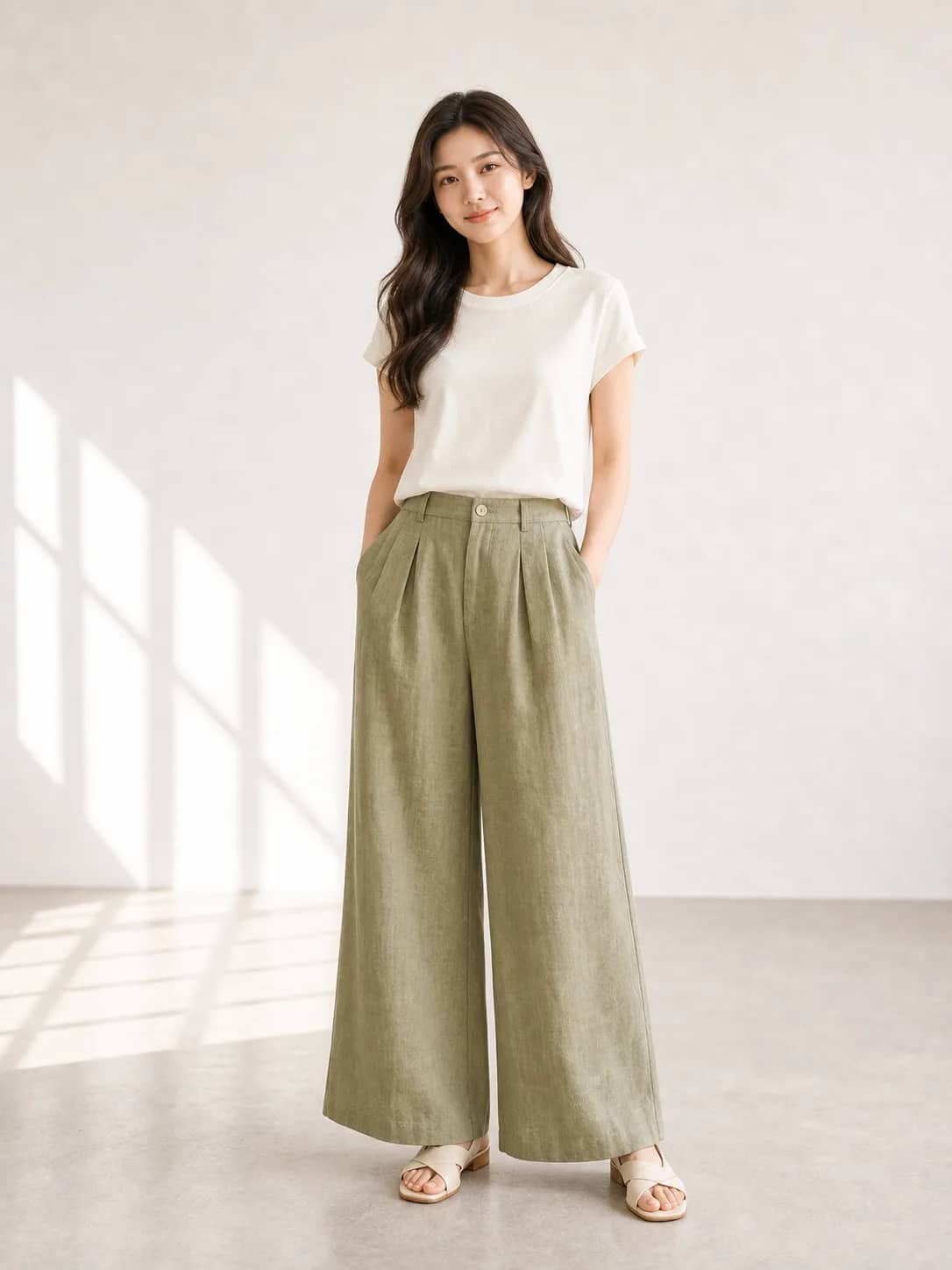 橄欖綠質感直筒下著 model look 4