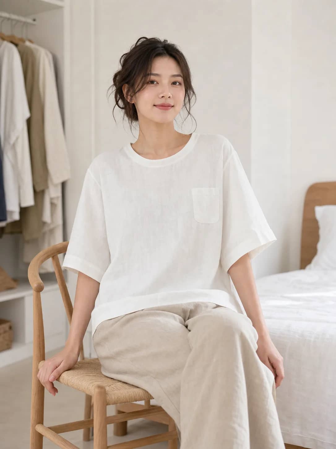 麻面料素白上衣 model look 4