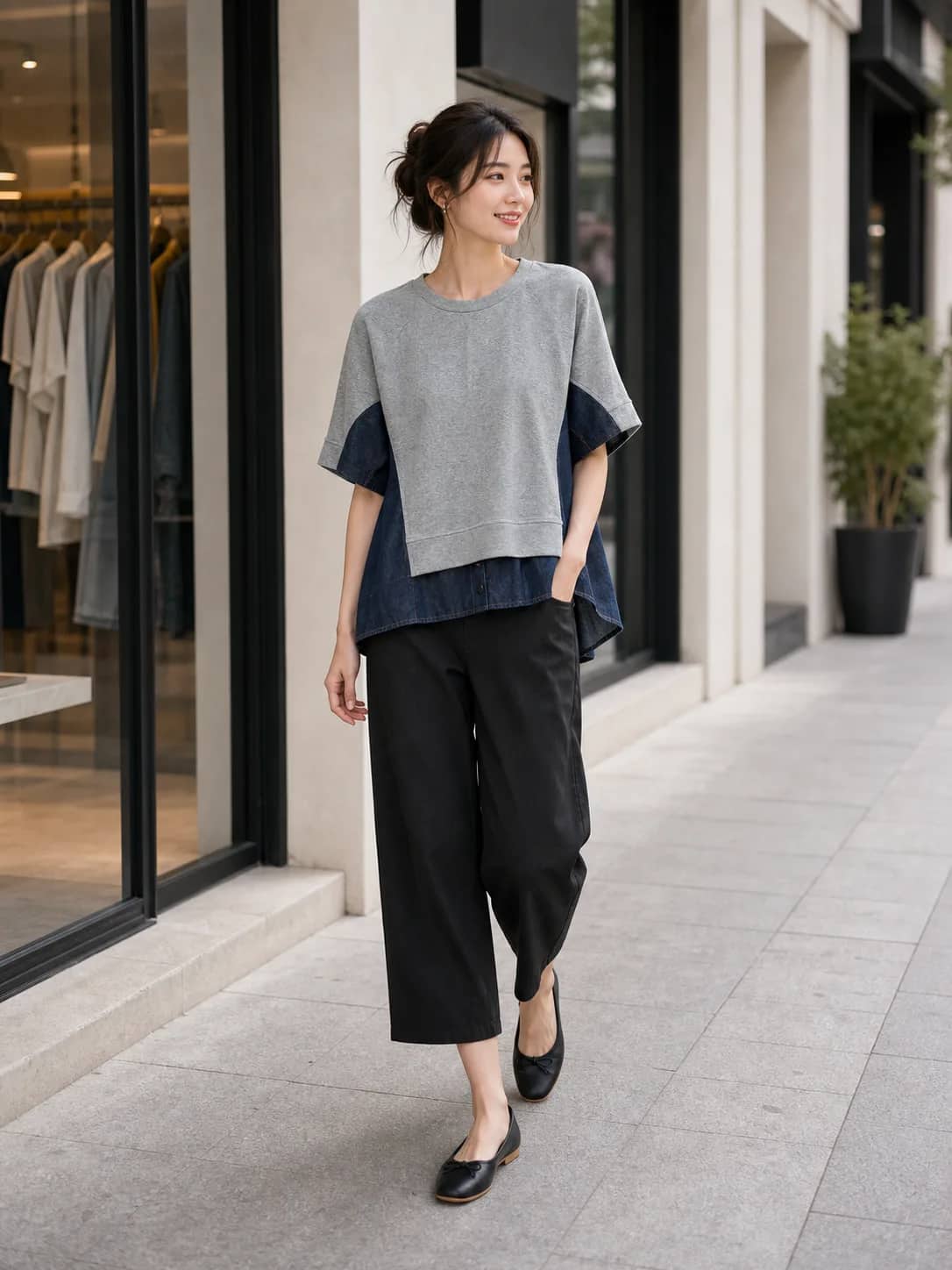 灰棉牛仔上衣 model look 3