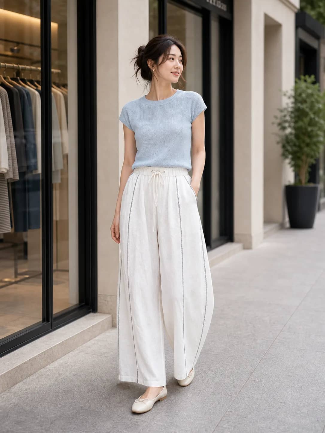 白色綁帶型寬褲 model look 1