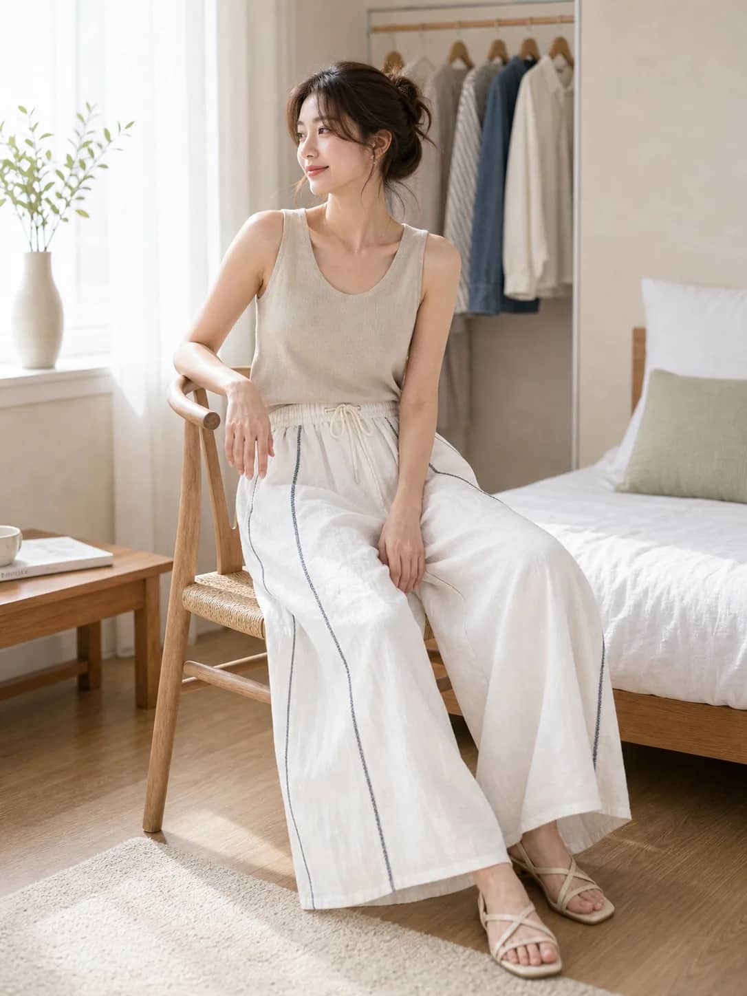 白色綁帶型寬褲 model look 2