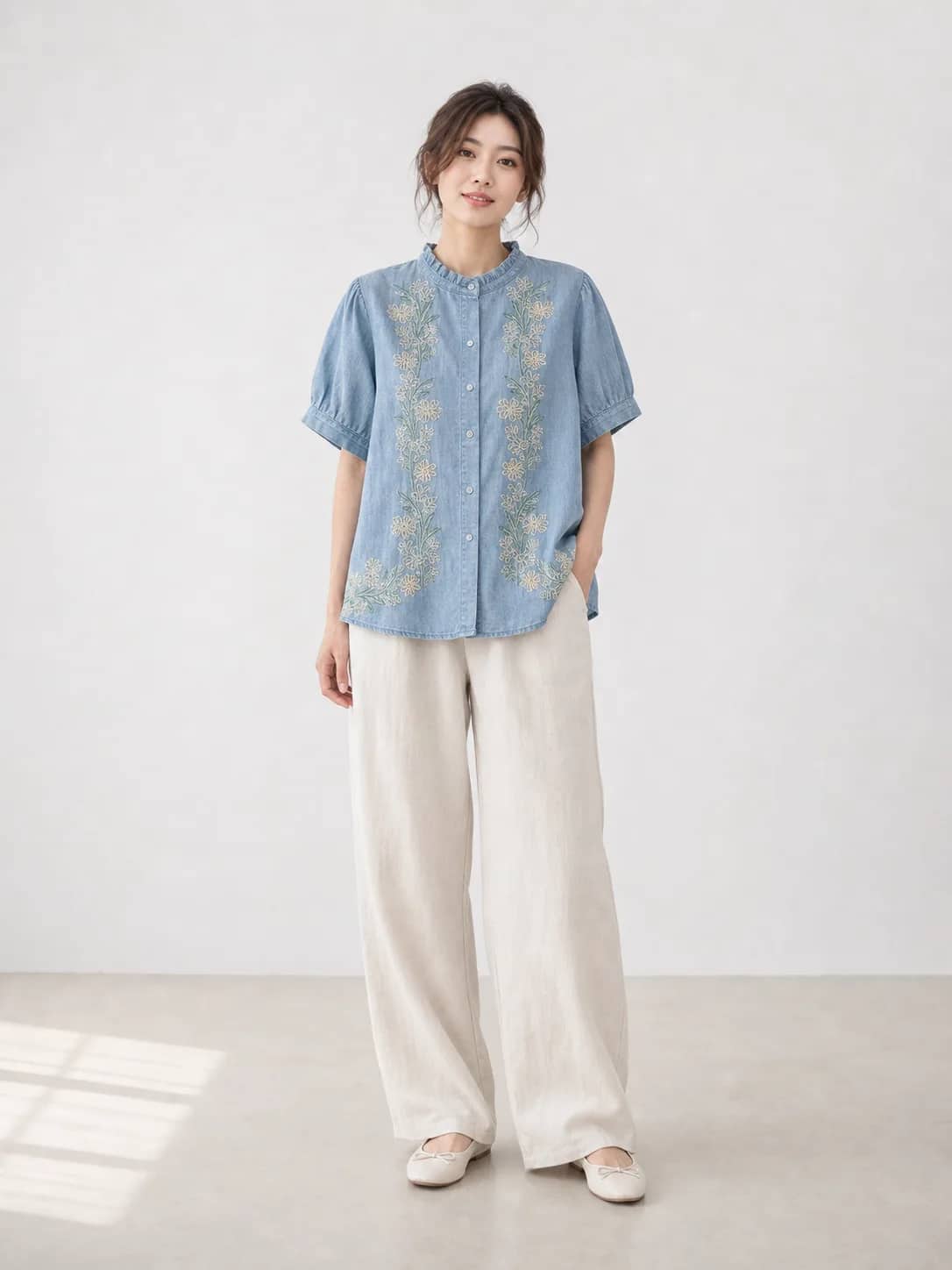 棉料牛仔花紋上衣 model look 1