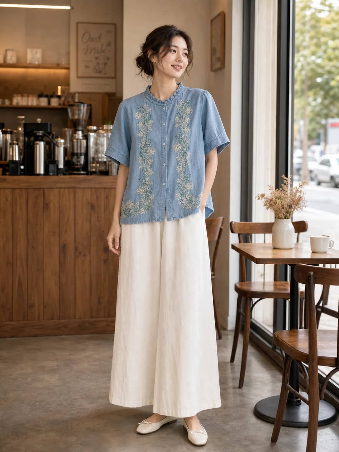 棉料牛仔花紋上衣 model look 2