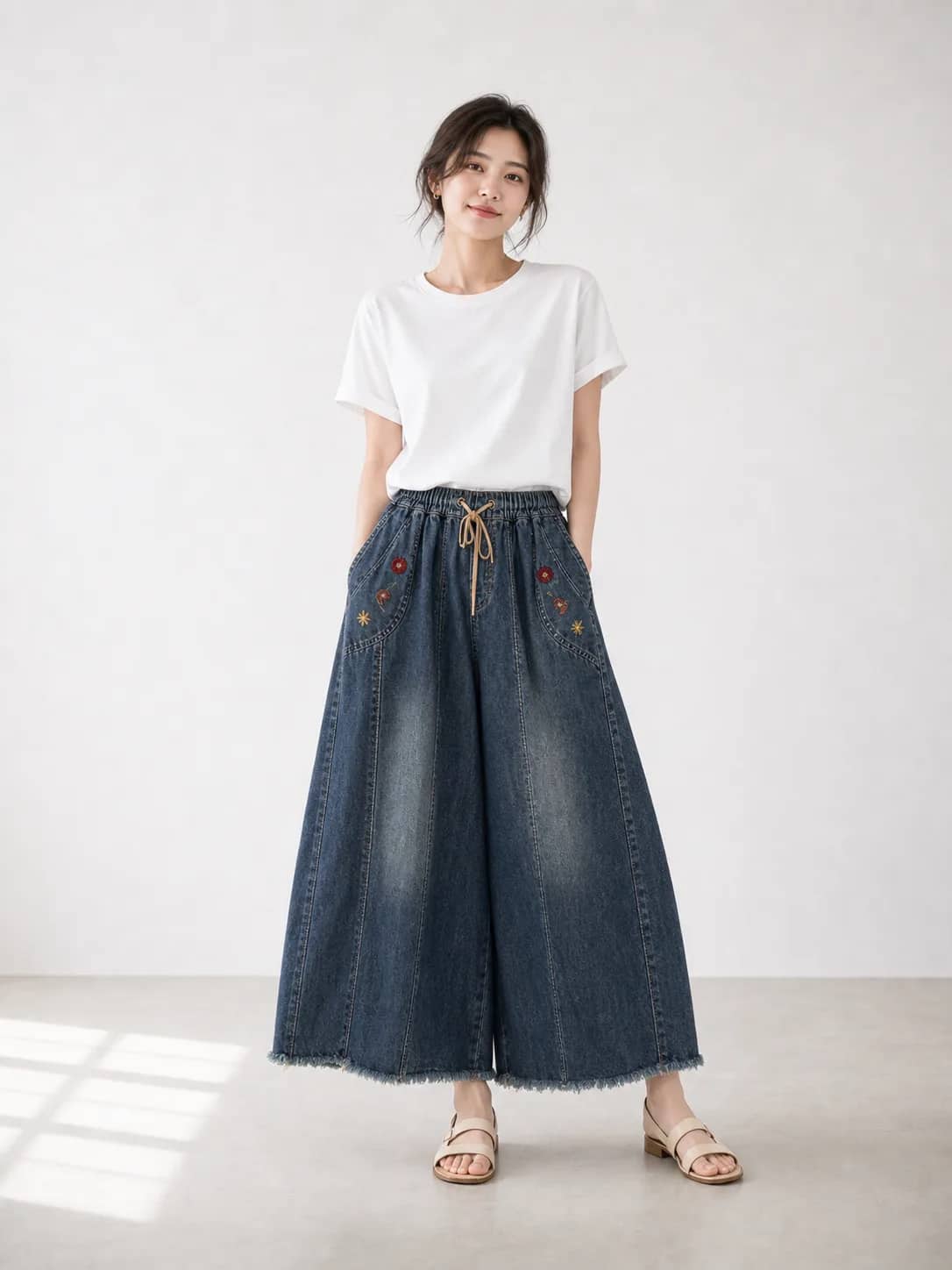 棉牛仔綁帶型綉花寬褲 model look 1