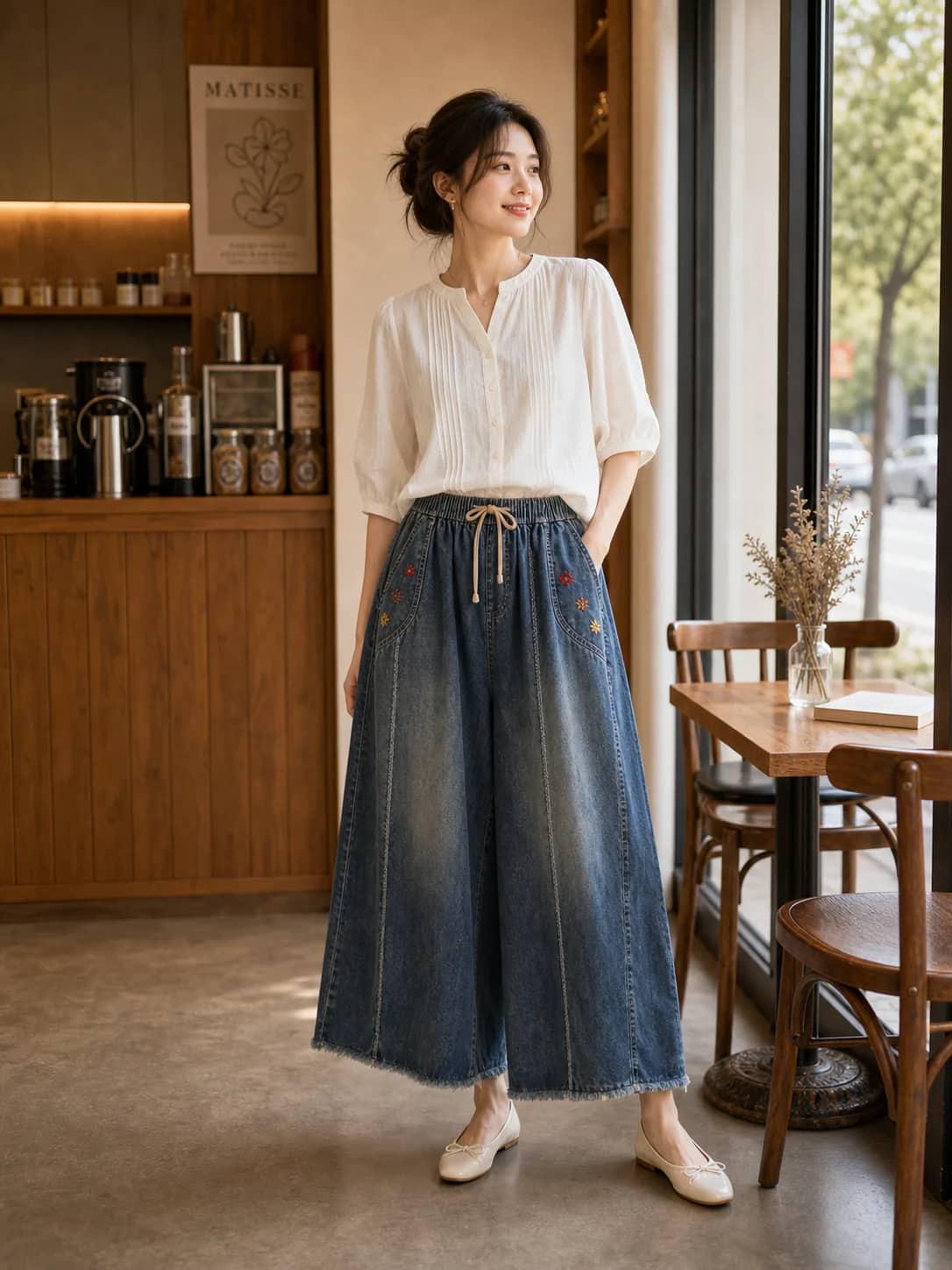 棉牛仔綁帶型綉花寬褲 model look 2