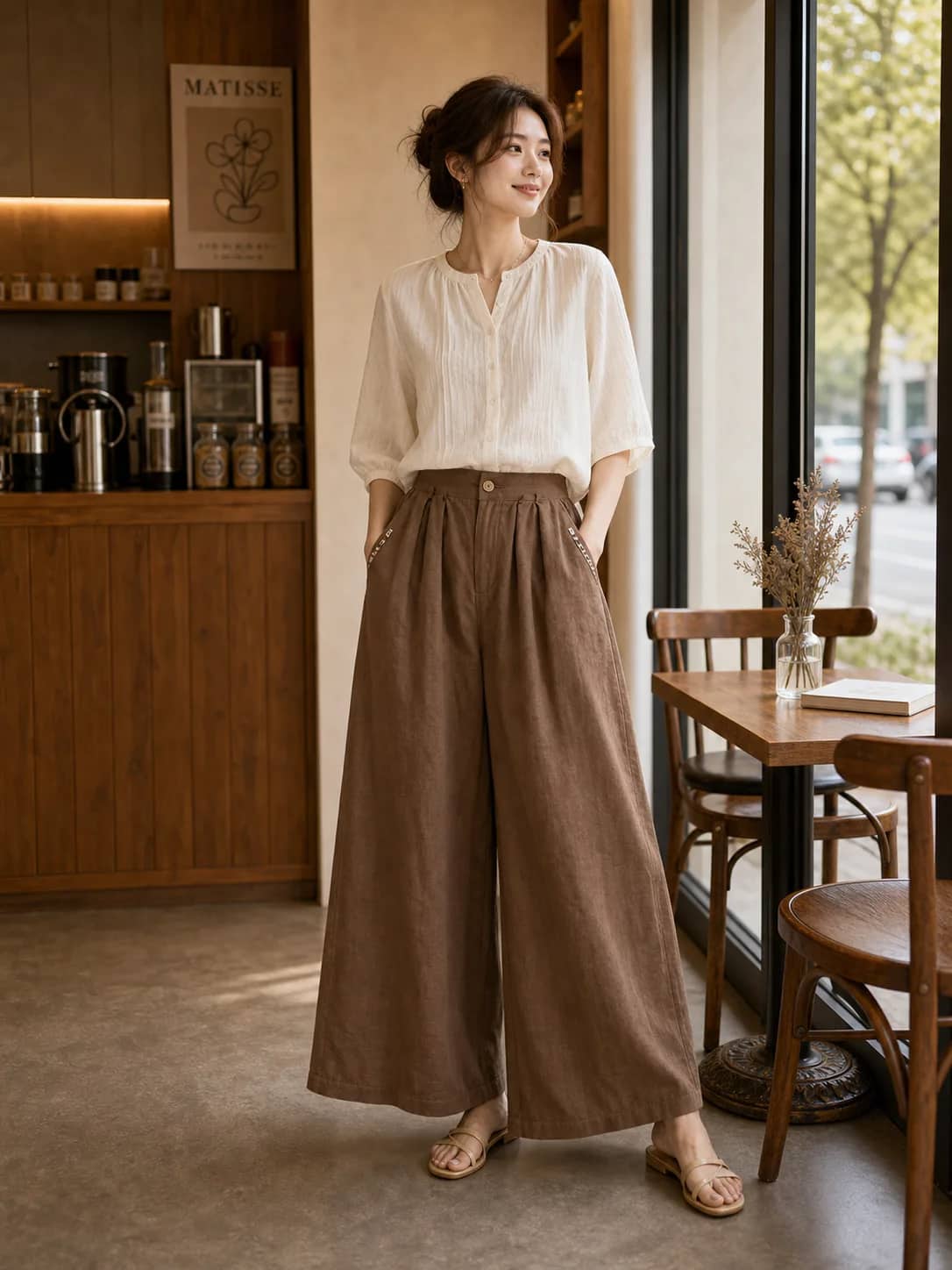棕色鈕扣型寬棉褲 model look 2