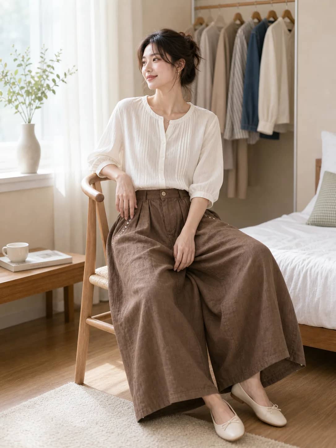 棕色鈕扣型寬棉褲 model look 4