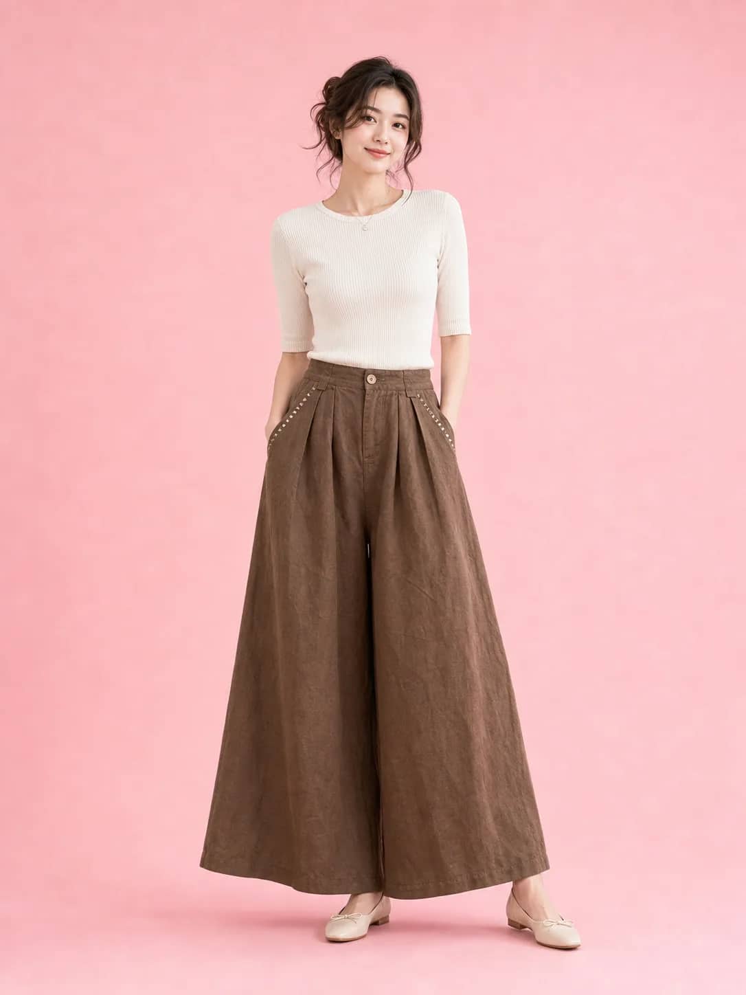 棕色鈕扣型寬棉褲 model look 5