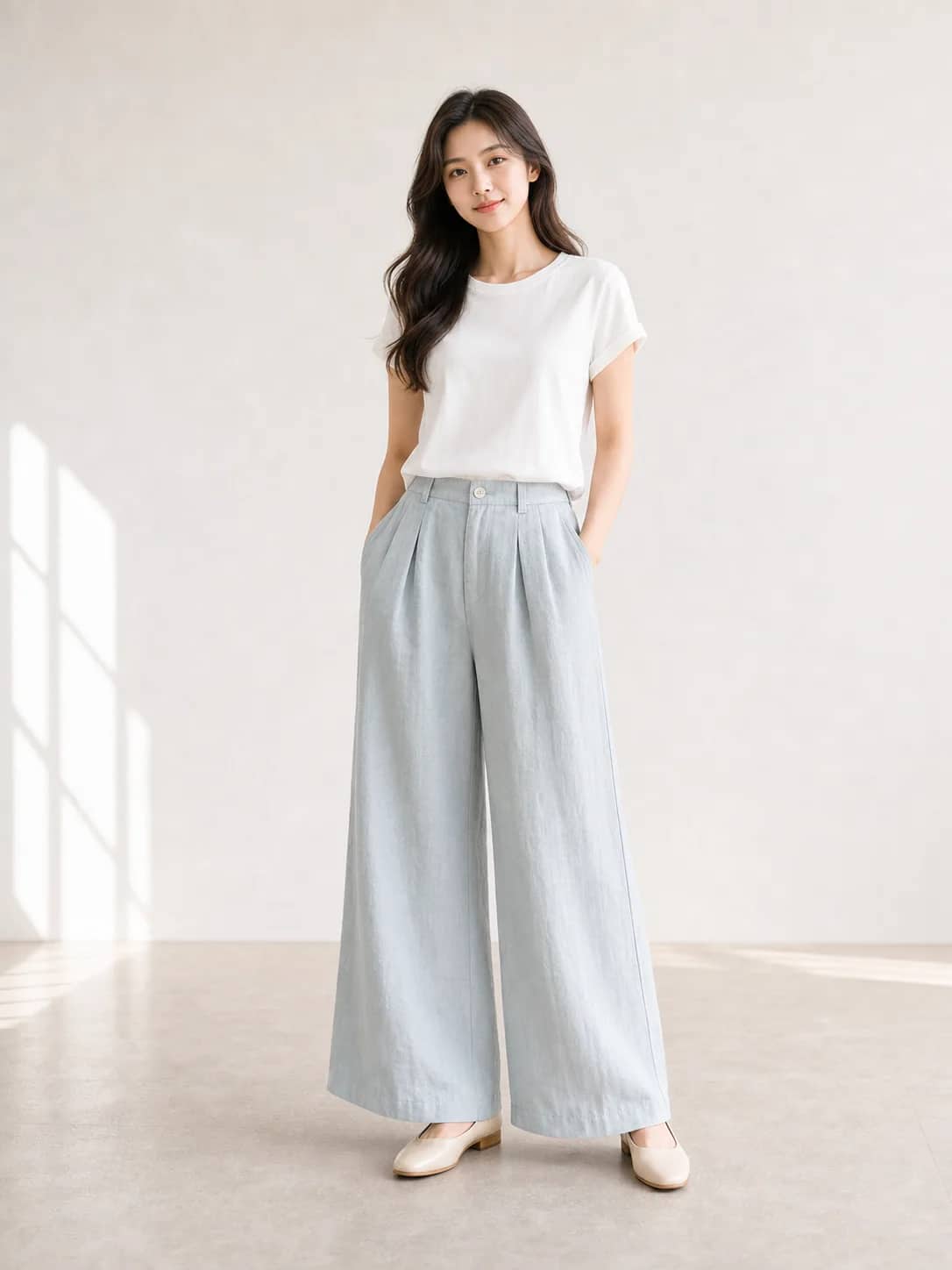 霧藍寬版休閒下著 model look 1