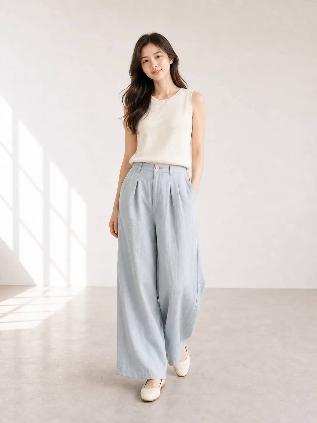 霧藍寬版休閒下著 model look 2