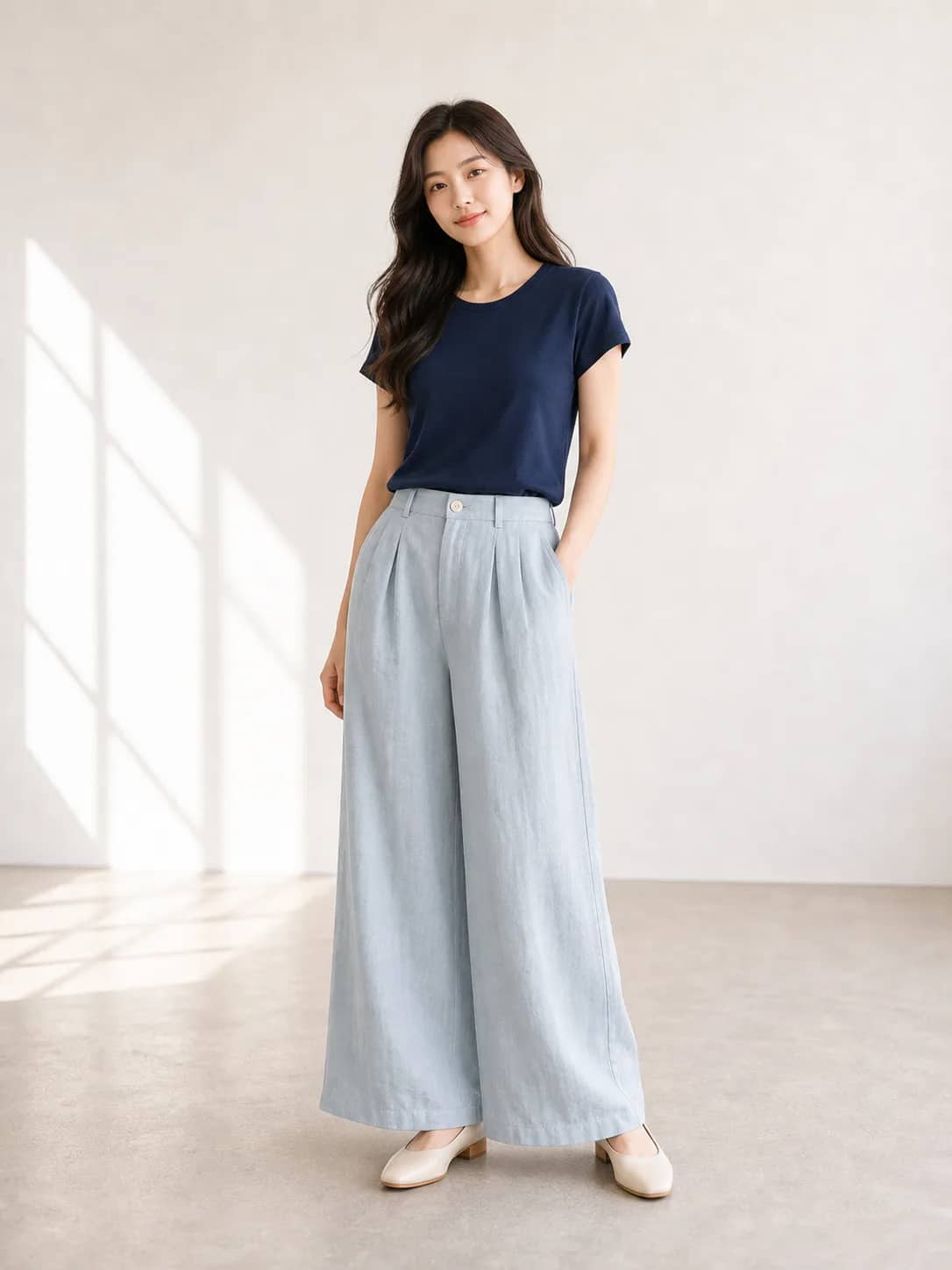 霧藍寬版休閒下著 model look 3