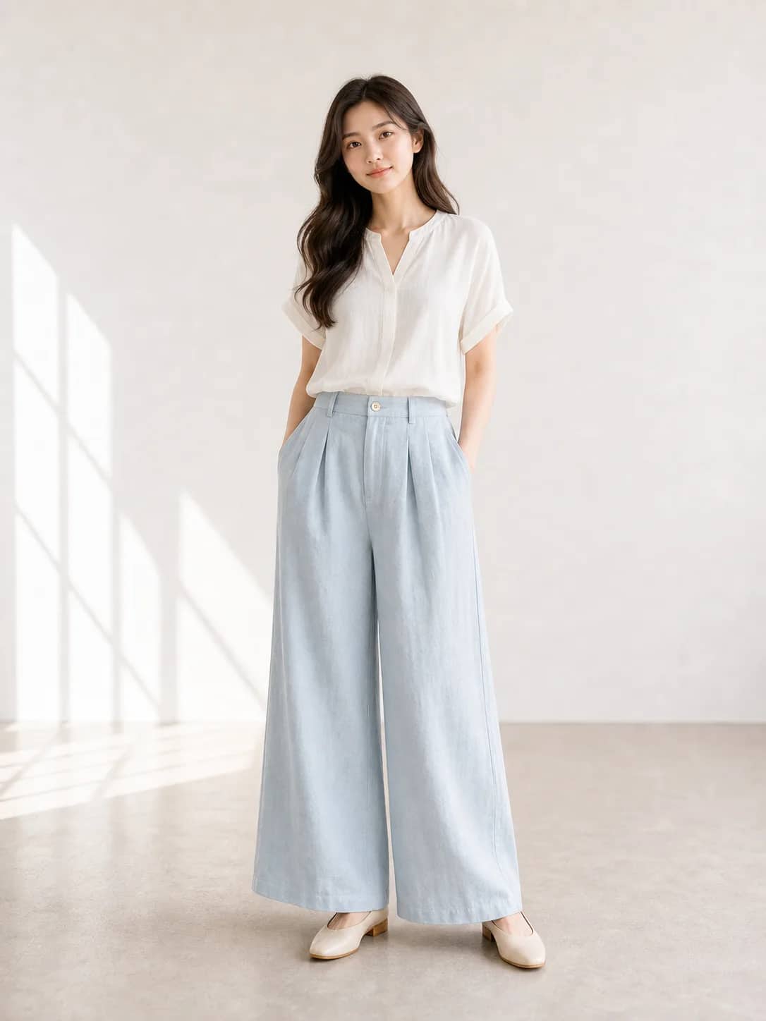 霧藍寬版休閒下著 model look 4