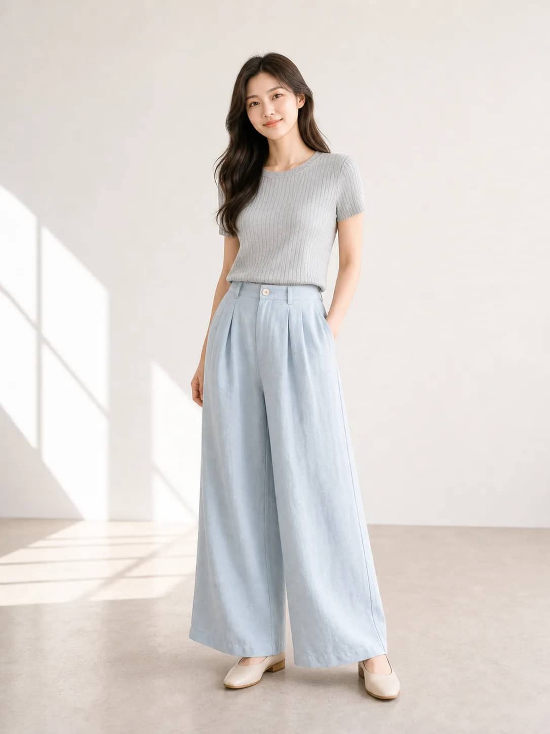 霧藍寬版休閒下著 model look 5