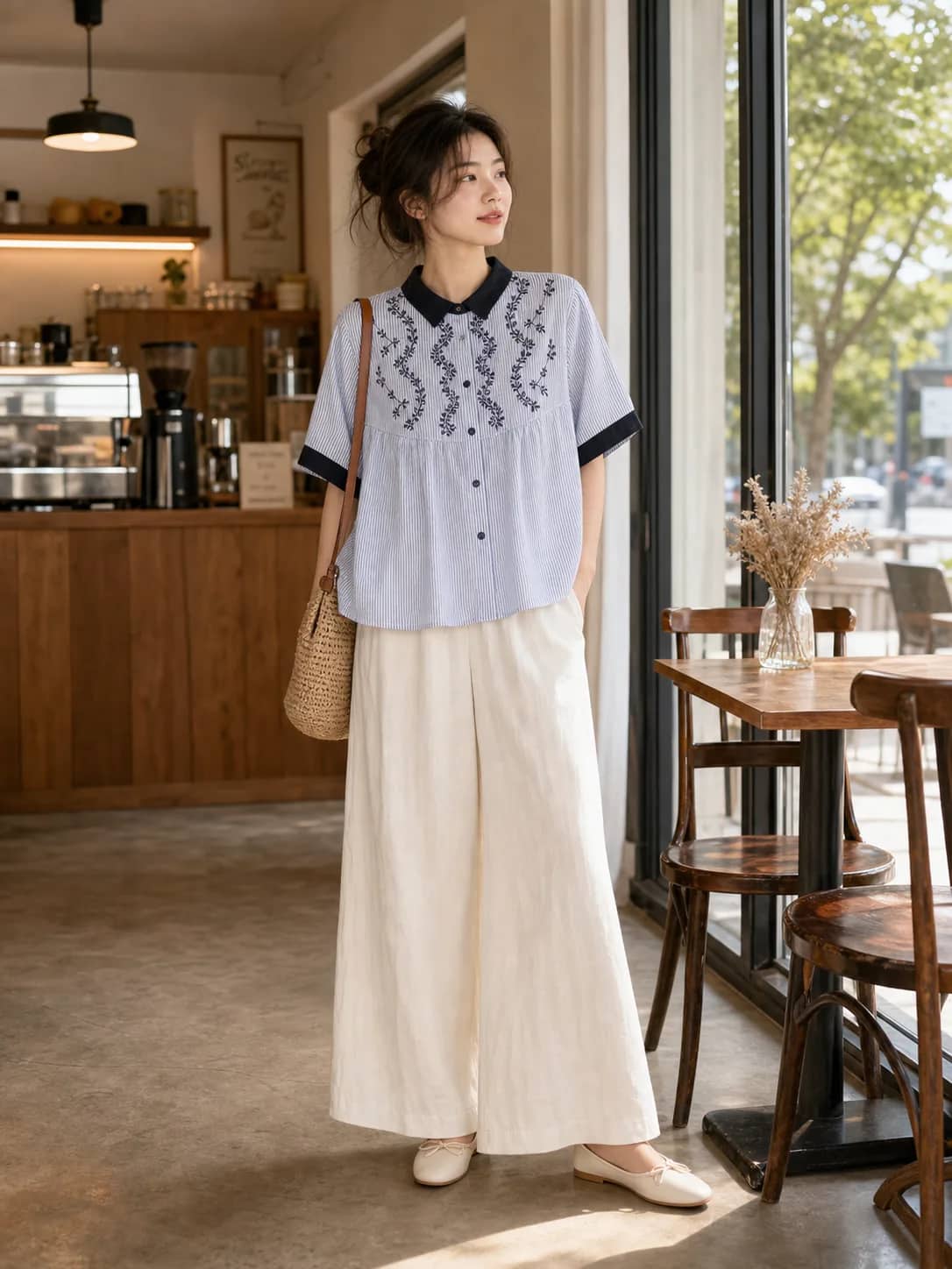 深藍花紋藍上衣 model look 2