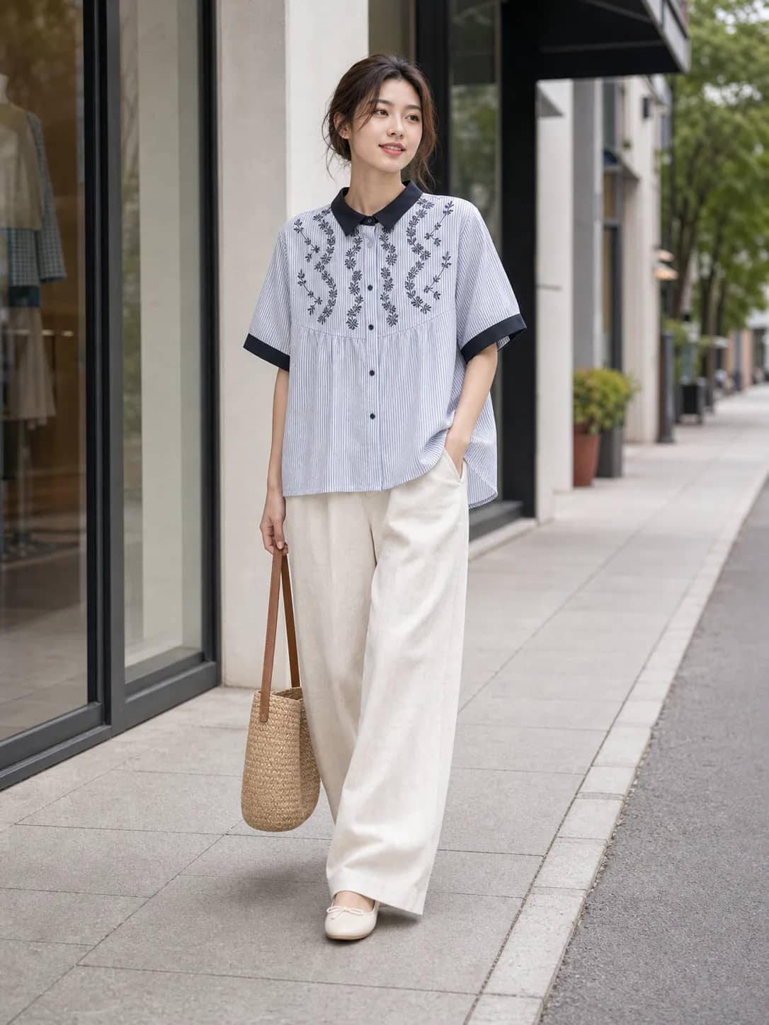 深藍花紋藍上衣 model look 3