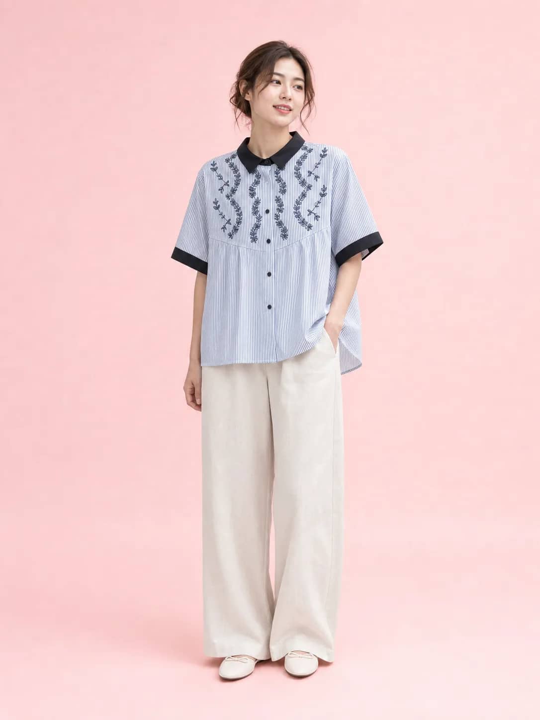 深藍花紋藍上衣 model look 5