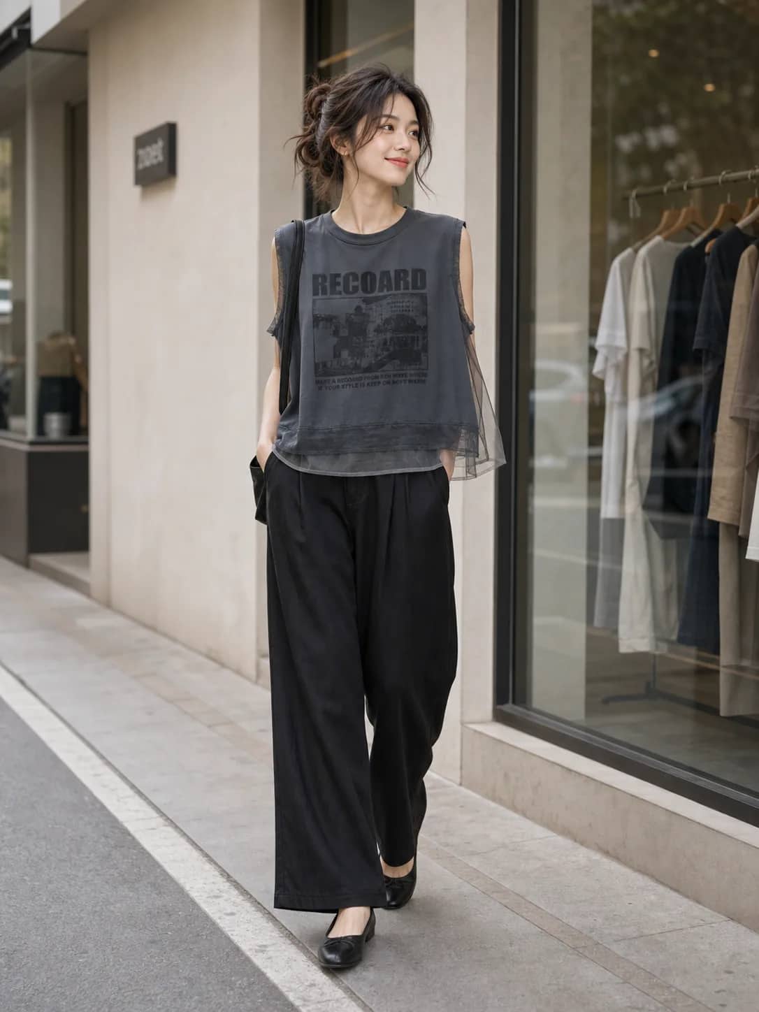棉紗灰黑無袖上衣 model look 3