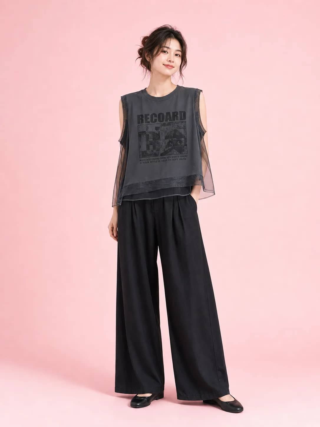 棉紗灰黑無袖上衣 model look 5