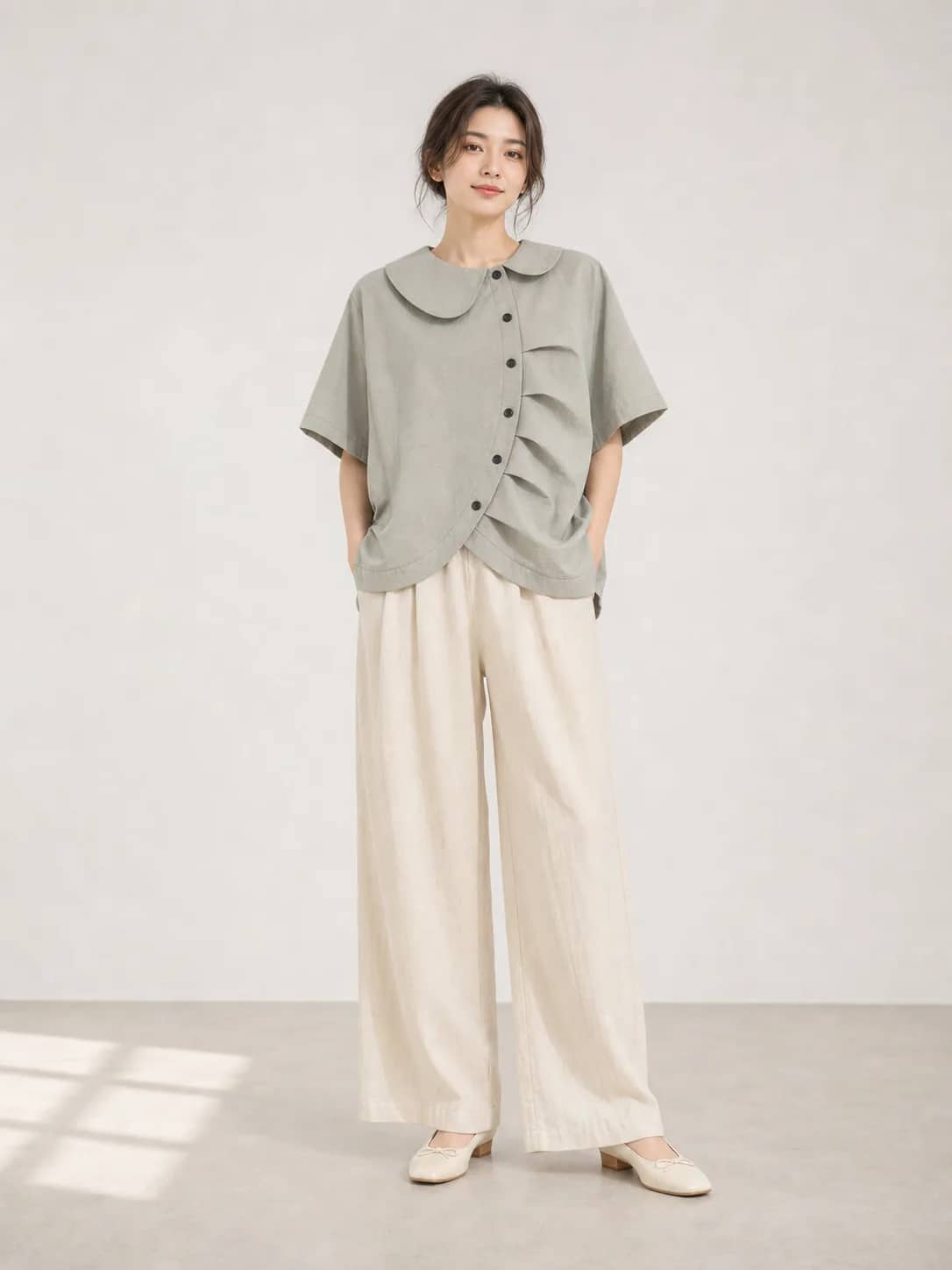 淺綠灰弧排扣上衣 model look 1