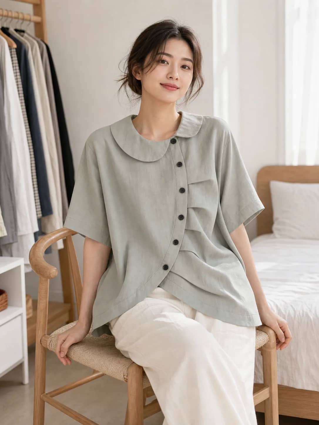 淺綠灰弧排扣上衣 model look 4
