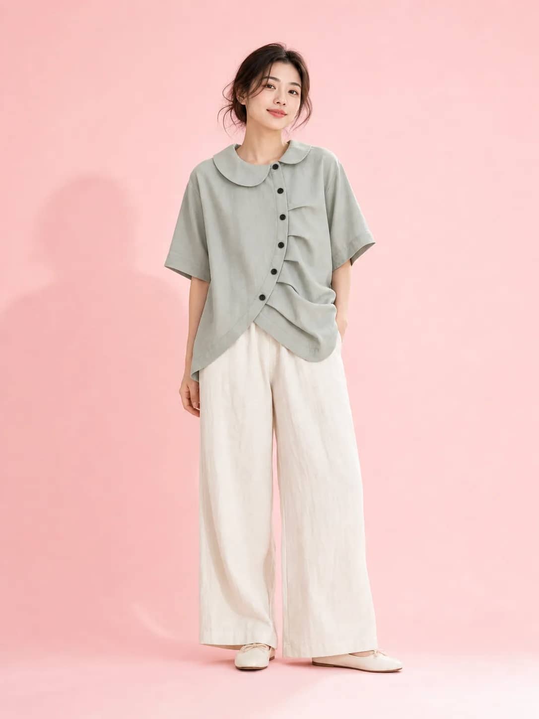 淺綠灰弧排扣上衣 model look 5