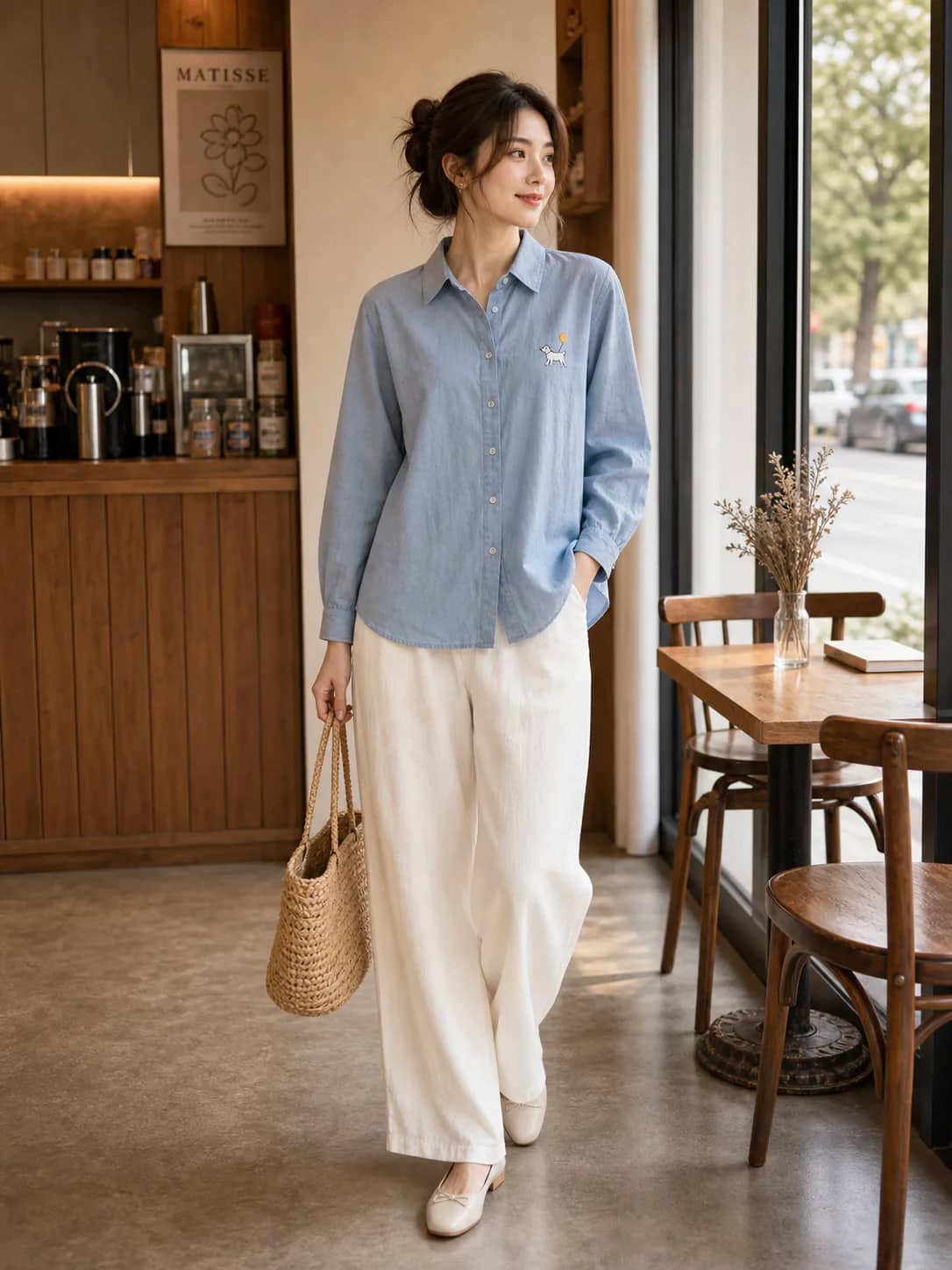 可愛圖標藍棉襯衫 model look 2