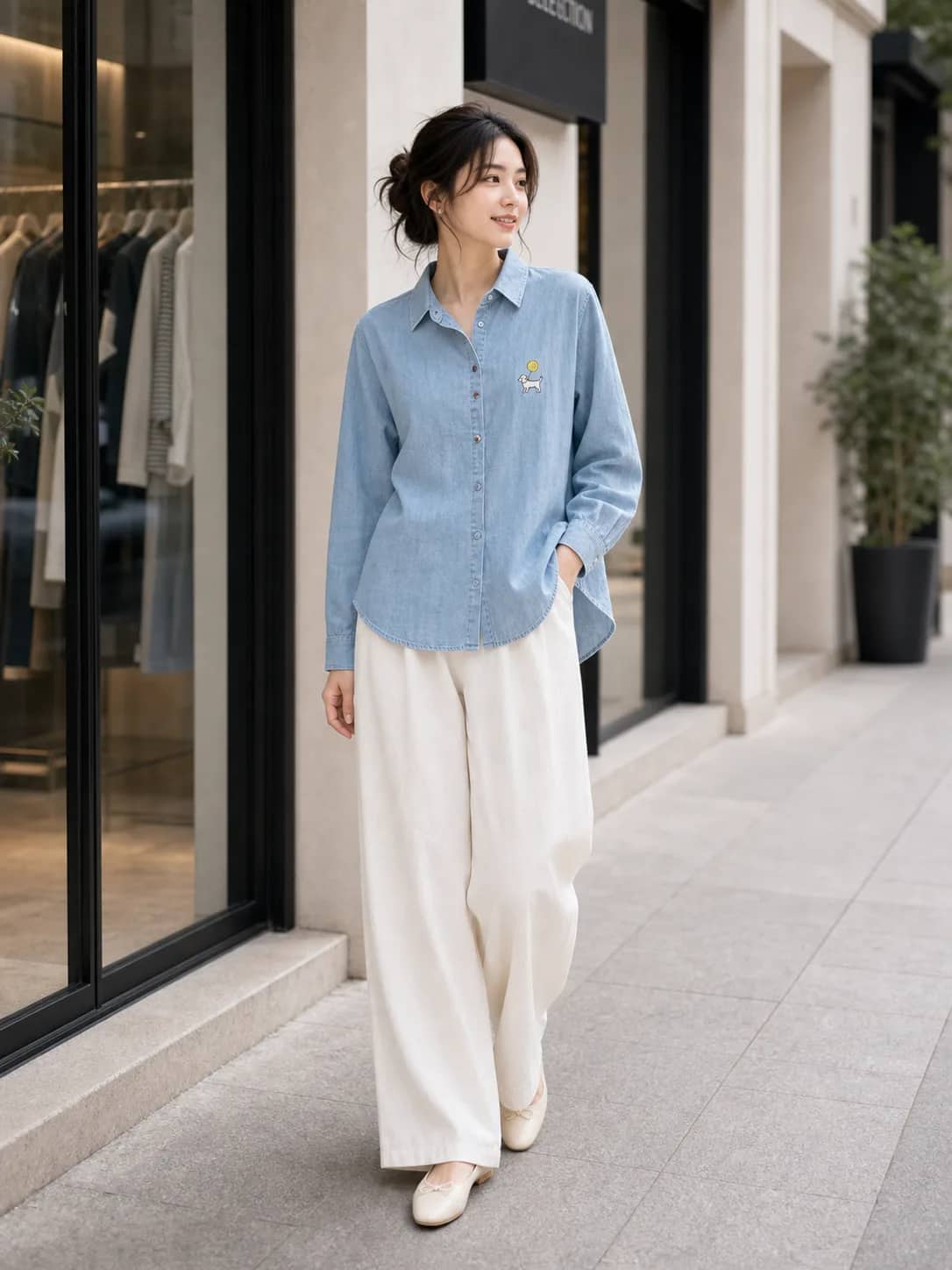 可愛圖標藍棉襯衫 model look 3