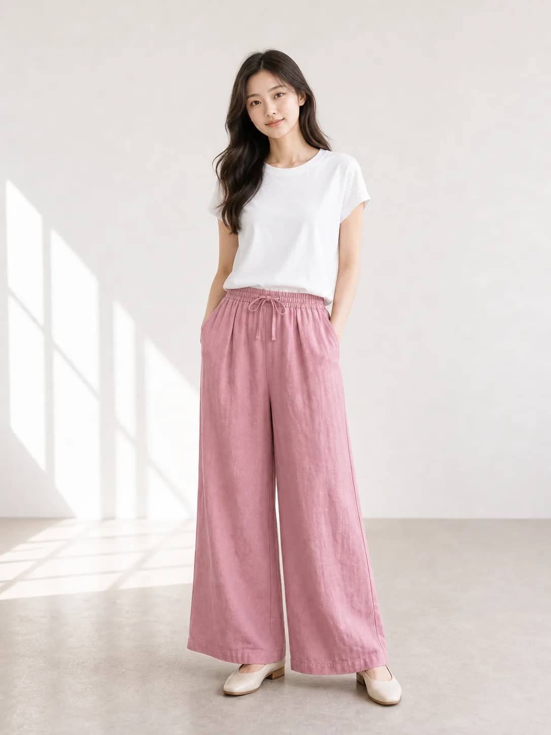 柔粉寬版抽繩下著 model look 1