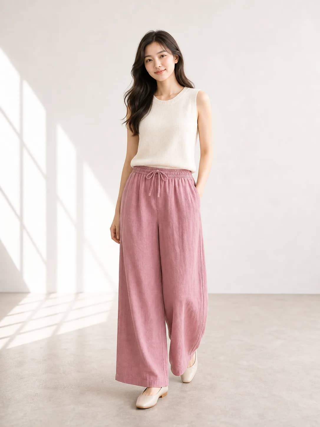柔粉寬版抽繩下著 model look 2