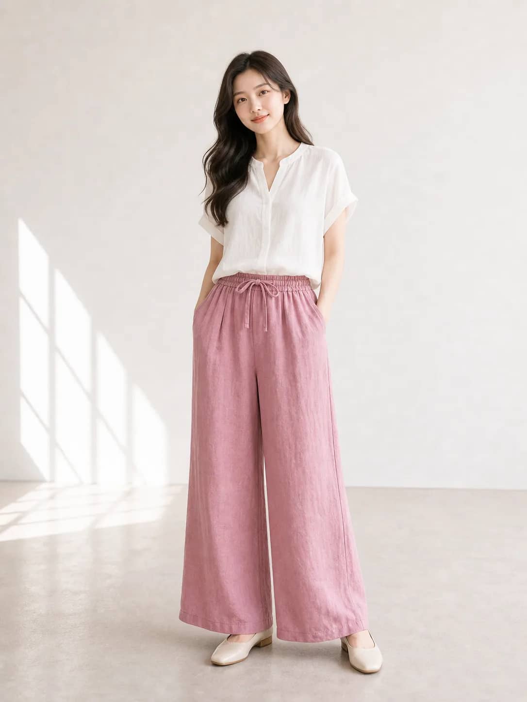 柔粉寬版抽繩下著 model look 4