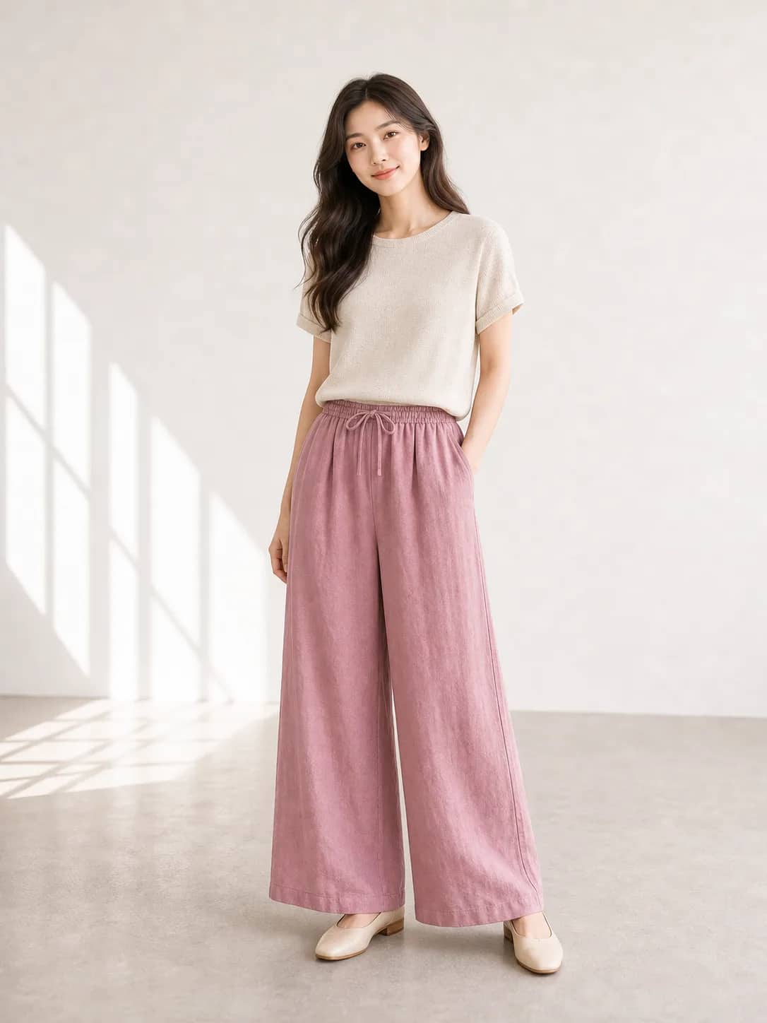 柔粉寬版抽繩下著 model look 5