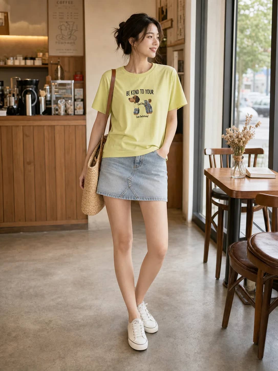 棉料造型黃T恤 model look 2